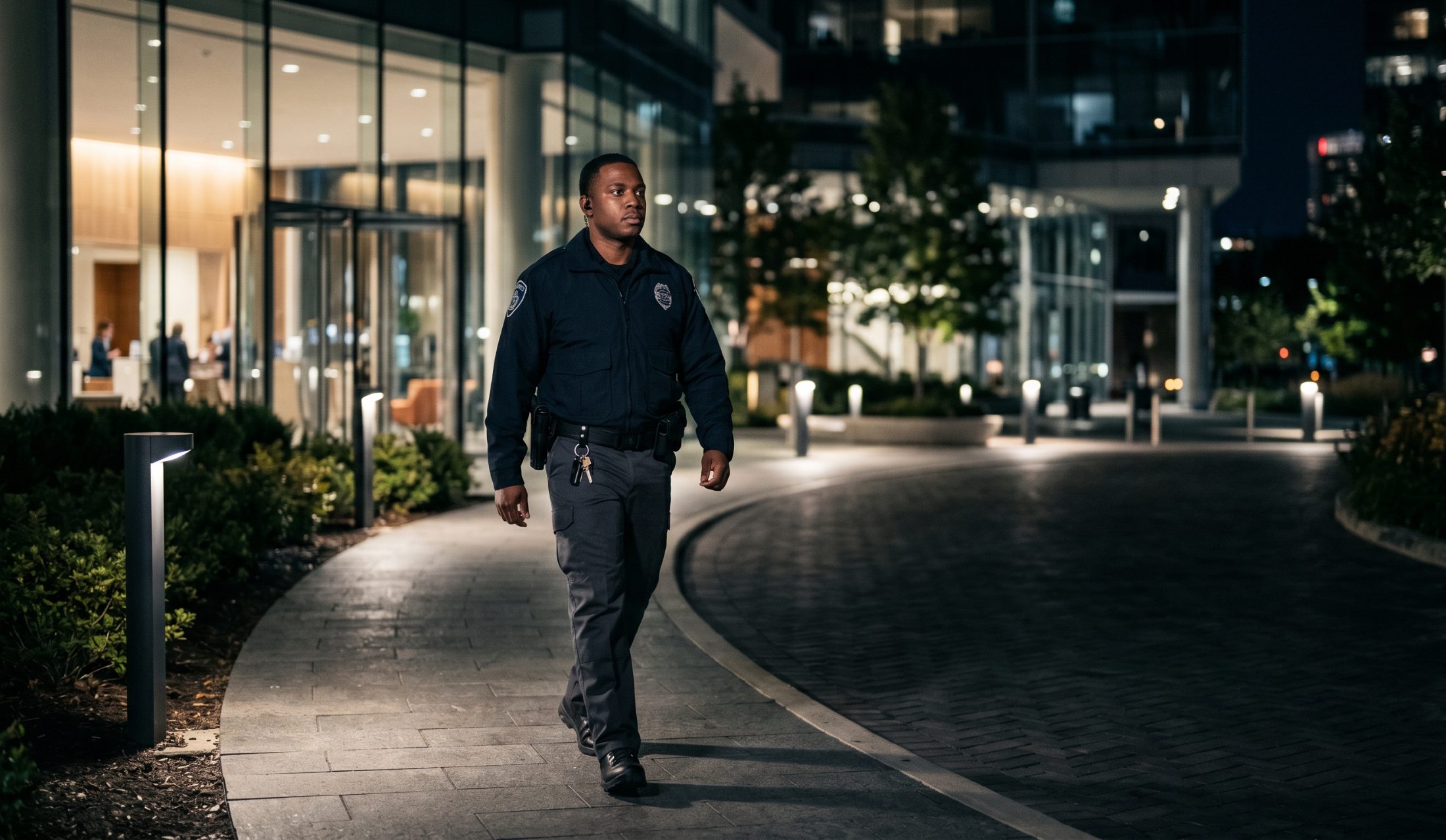 Uniformed security officer on post outside a premium commercial building at night