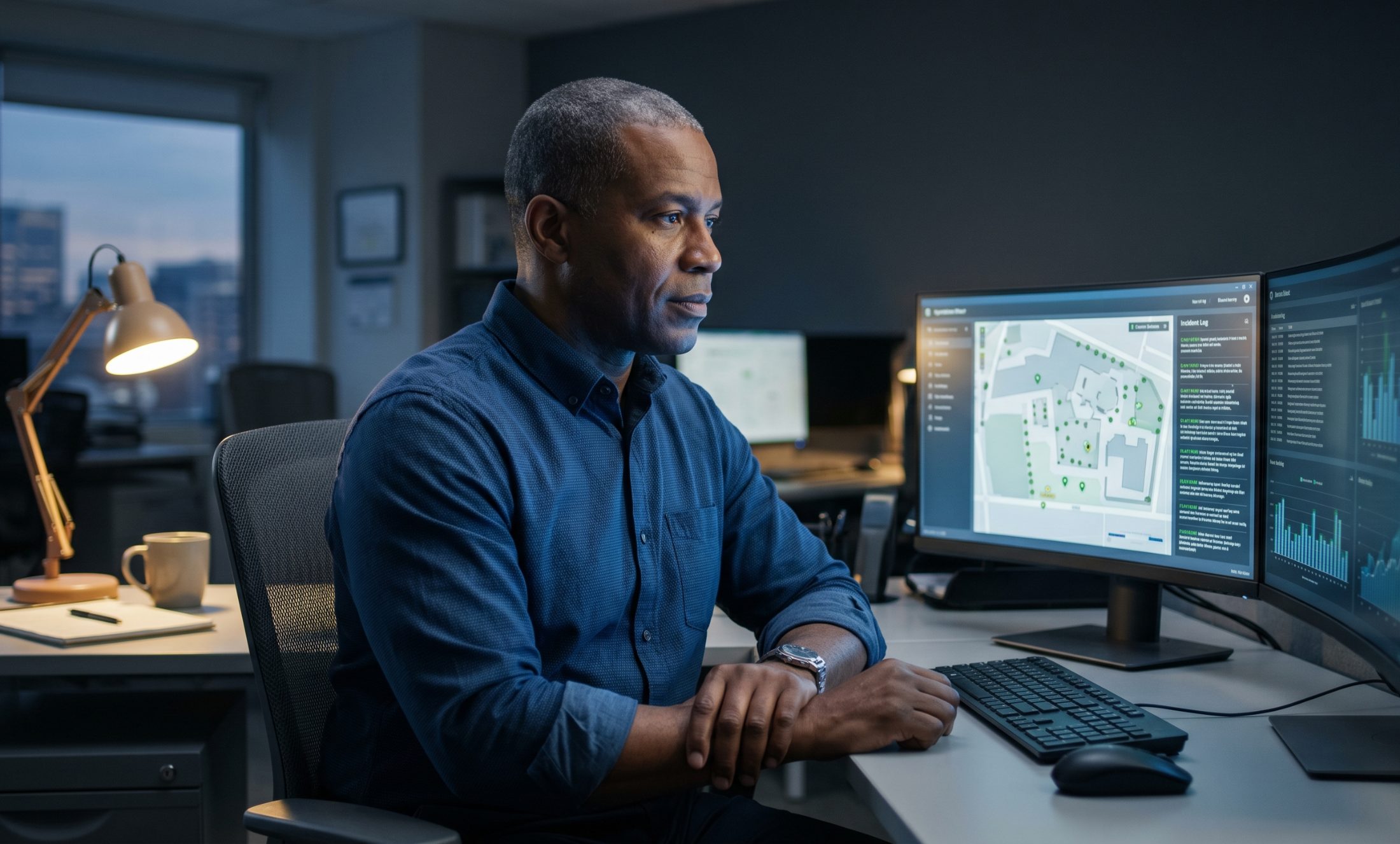 Security operations manager at a dual-monitor workstation