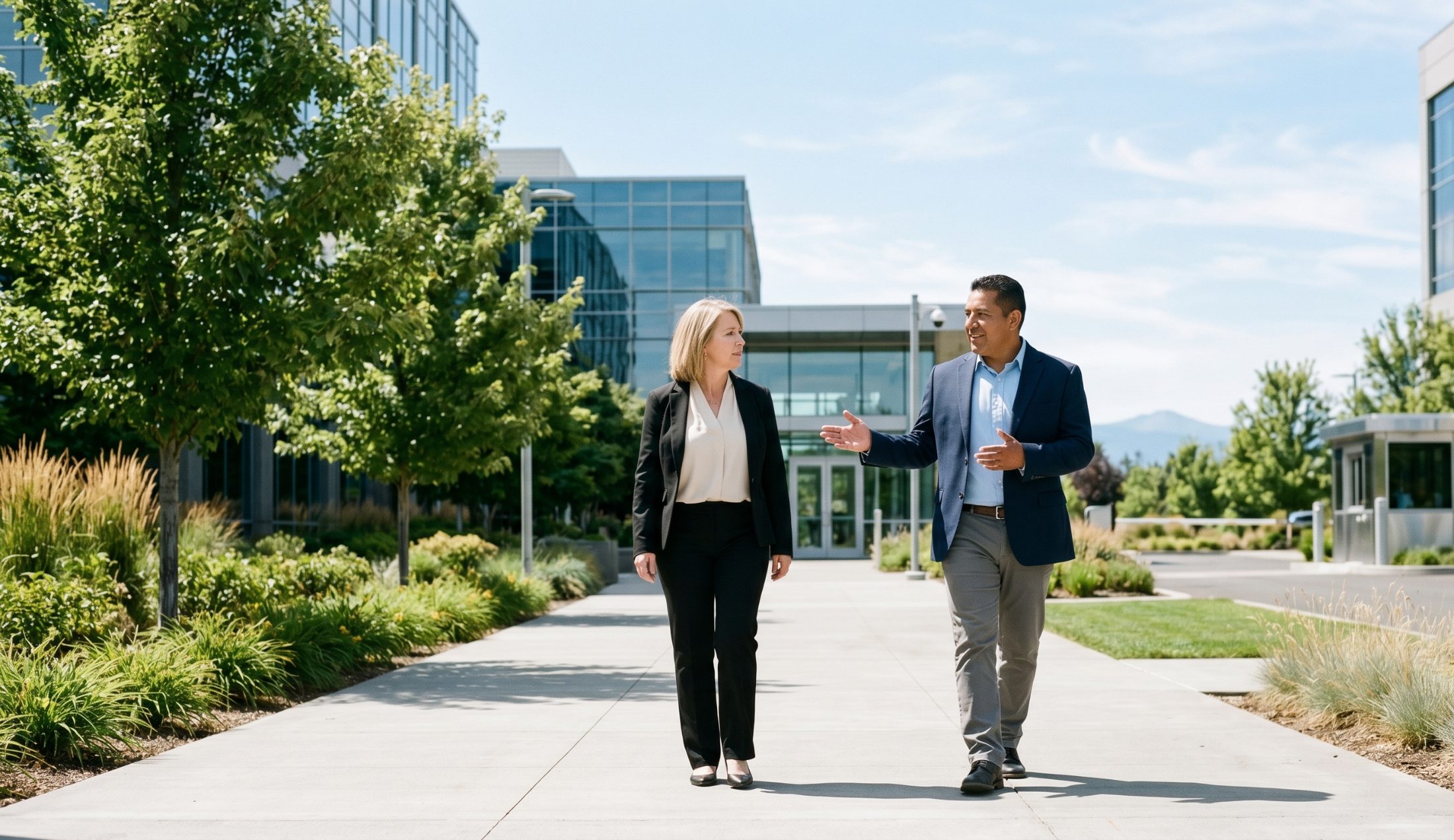 Security company owner walking a client through a corporate campus